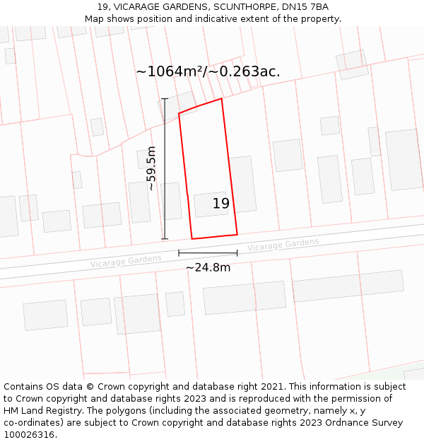 19, VICARAGE GARDENS, SCUNTHORPE, DN15 7BA: Plot and title map