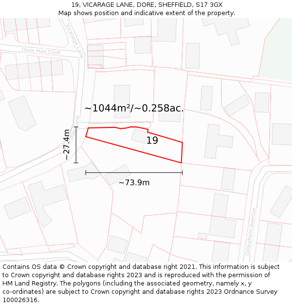 19, VICARAGE LANE, DORE, SHEFFIELD, S17 3GX: Plot and title map