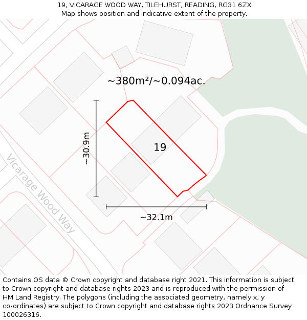 19, VICARAGE WOOD WAY, TILEHURST, READING, RG31 6ZX: Plot and title map