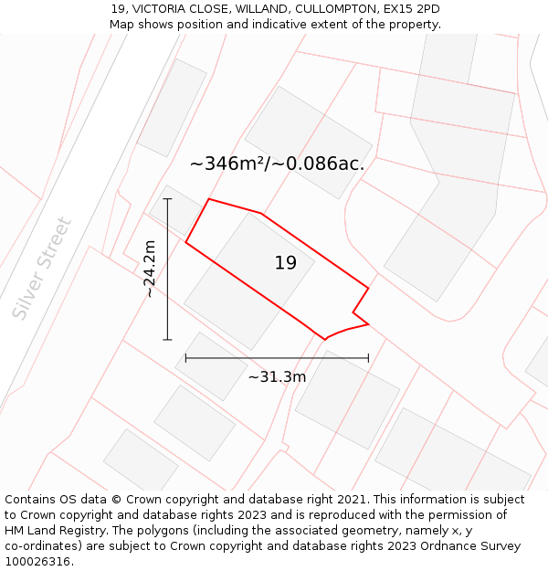 19, VICTORIA CLOSE, WILLAND, CULLOMPTON, EX15 2PD: Plot and title map