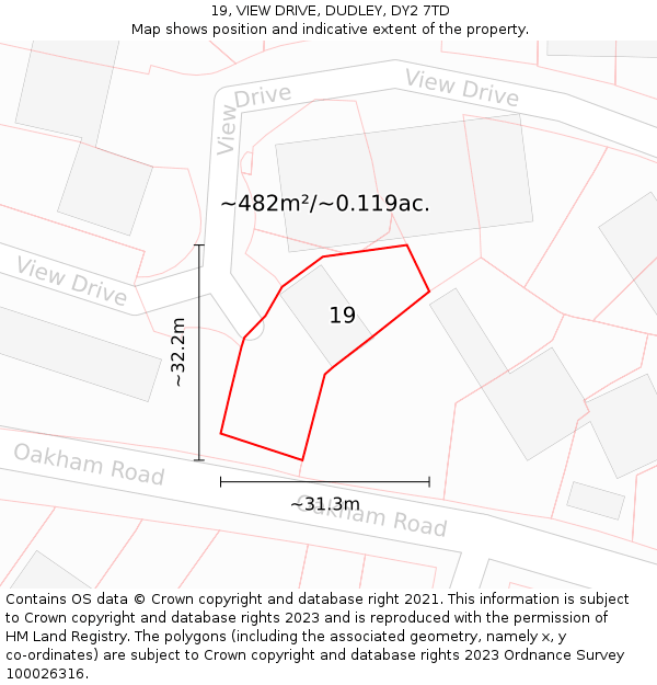 19, VIEW DRIVE, DUDLEY, DY2 7TD: Plot and title map