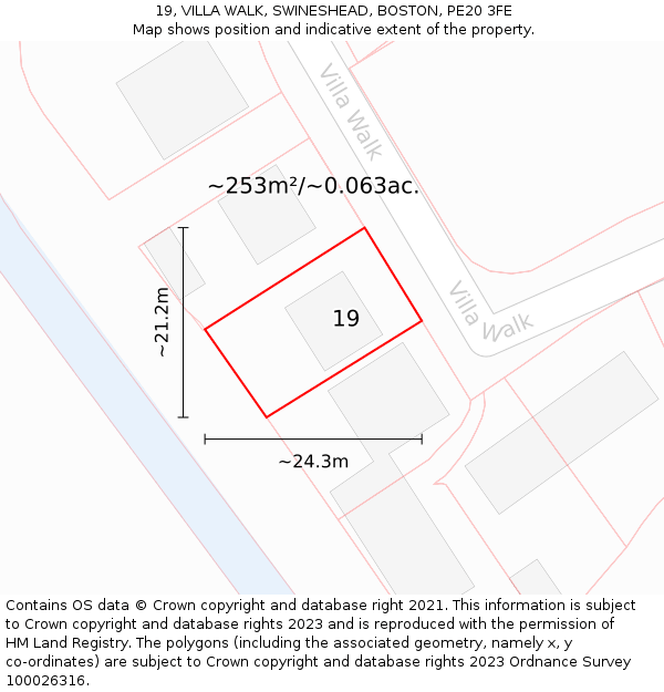 19, VILLA WALK, SWINESHEAD, BOSTON, PE20 3FE: Plot and title map