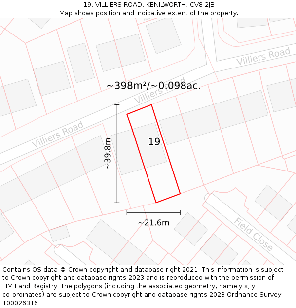 19, VILLIERS ROAD, KENILWORTH, CV8 2JB: Plot and title map