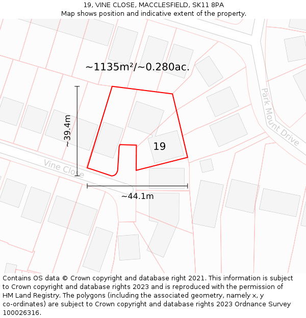 19, VINE CLOSE, MACCLESFIELD, SK11 8PA: Plot and title map