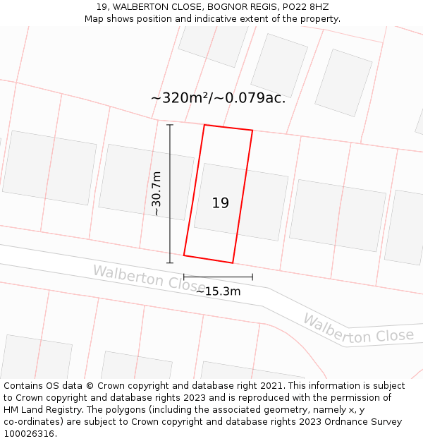 19, WALBERTON CLOSE, BOGNOR REGIS, PO22 8HZ: Plot and title map