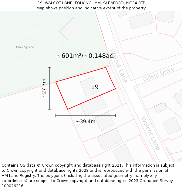 19, WALCOT LANE, FOLKINGHAM, SLEAFORD, NG34 0TP: Plot and title map