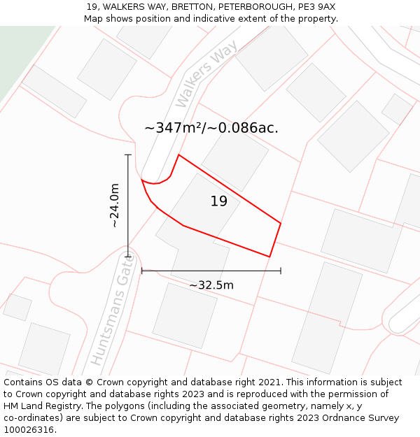 19, WALKERS WAY, BRETTON, PETERBOROUGH, PE3 9AX: Plot and title map