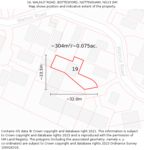 19, WALNUT ROAD, BOTTESFORD, NOTTINGHAM, NG13 0AY: Plot and title map