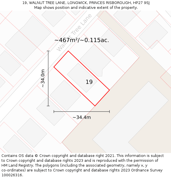 19, WALNUT TREE LANE, LONGWICK, PRINCES RISBOROUGH, HP27 9SJ: Plot and title map
