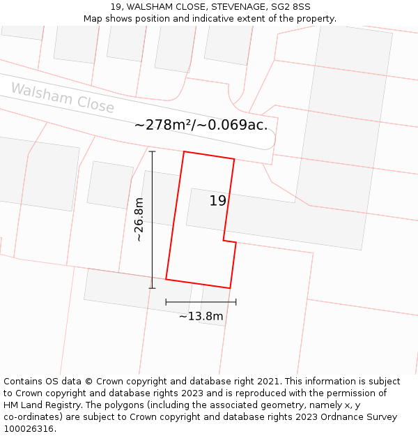 19, WALSHAM CLOSE, STEVENAGE, SG2 8SS: Plot and title map