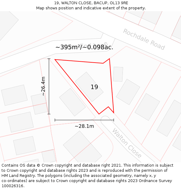 19, WALTON CLOSE, BACUP, OL13 9RE: Plot and title map