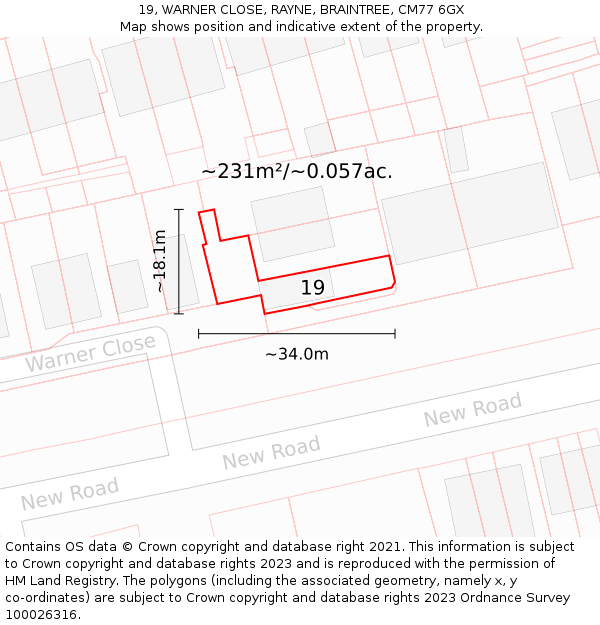 19, WARNER CLOSE, RAYNE, BRAINTREE, CM77 6GX: Plot and title map