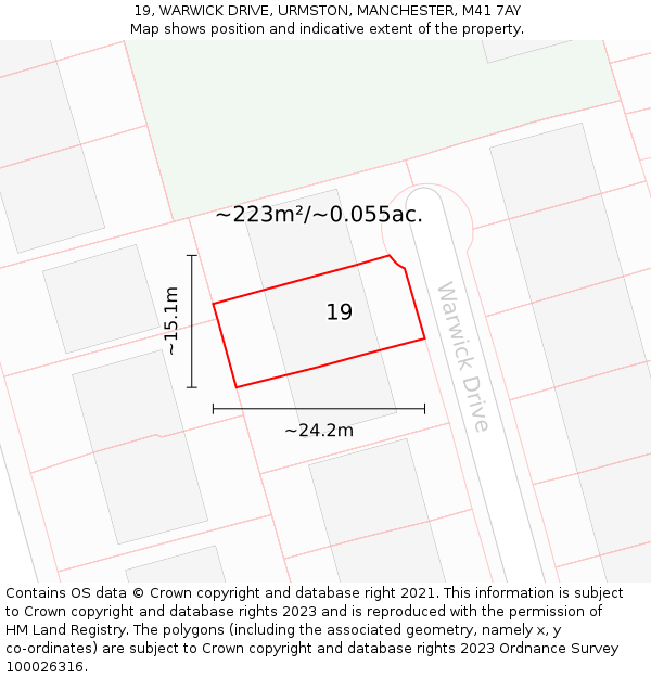 19, WARWICK DRIVE, URMSTON, MANCHESTER, M41 7AY: Plot and title map
