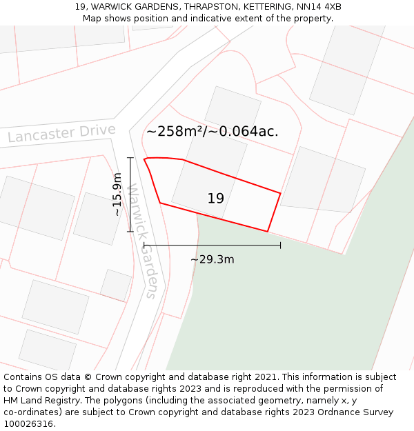 19, WARWICK GARDENS, THRAPSTON, KETTERING, NN14 4XB: Plot and title map