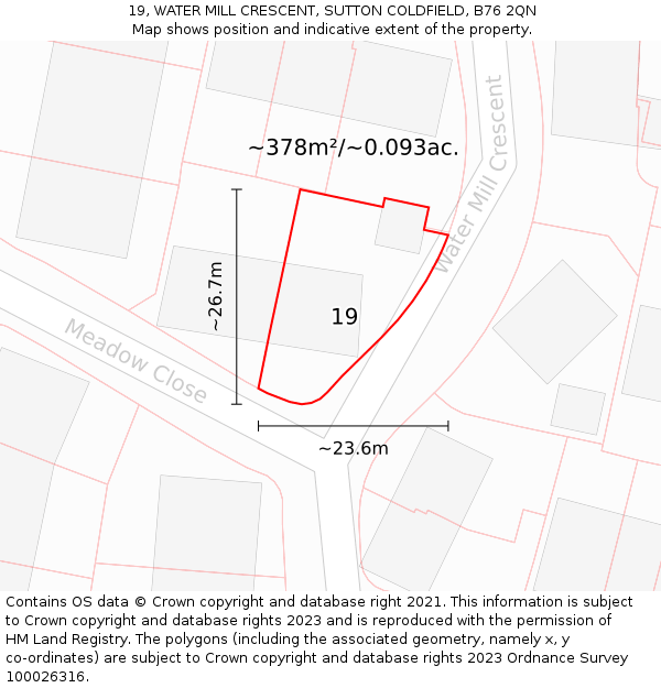 19, WATER MILL CRESCENT, SUTTON COLDFIELD, B76 2QN: Plot and title map