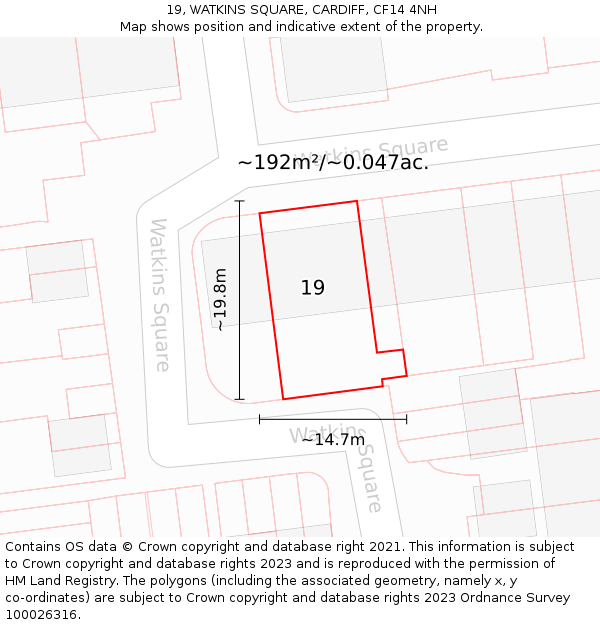 19, WATKINS SQUARE, CARDIFF, CF14 4NH: Plot and title map