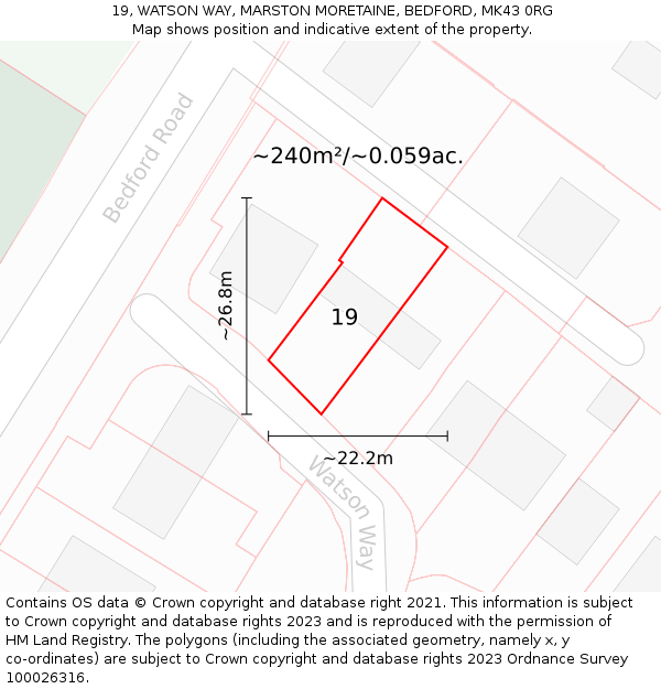 19, WATSON WAY, MARSTON MORETAINE, BEDFORD, MK43 0RG: Plot and title map