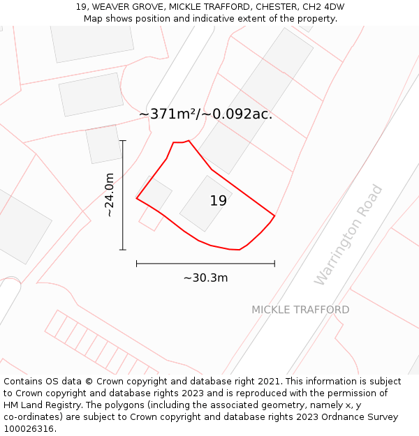 19, WEAVER GROVE, MICKLE TRAFFORD, CHESTER, CH2 4DW: Plot and title map