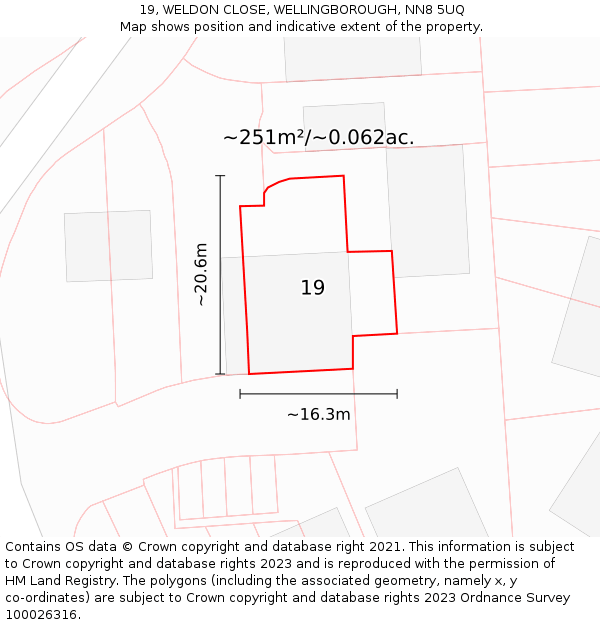 19, WELDON CLOSE, WELLINGBOROUGH, NN8 5UQ: Plot and title map