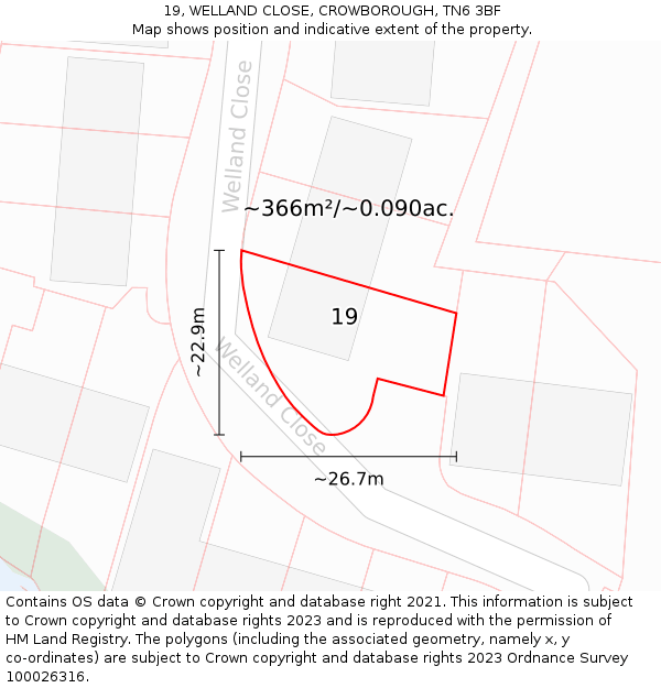 19, WELLAND CLOSE, CROWBOROUGH, TN6 3BF: Plot and title map