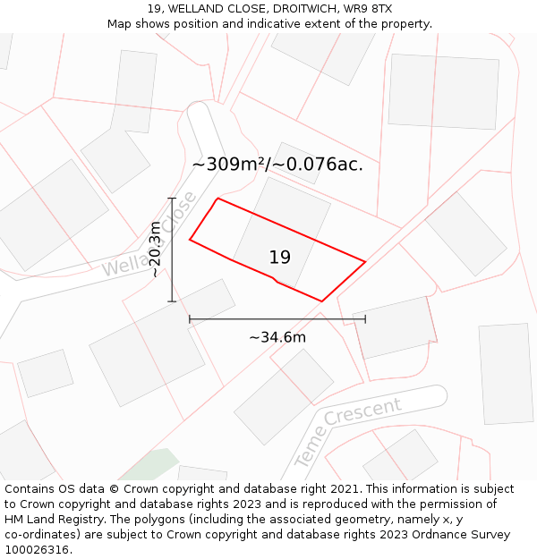 19, WELLAND CLOSE, DROITWICH, WR9 8TX: Plot and title map