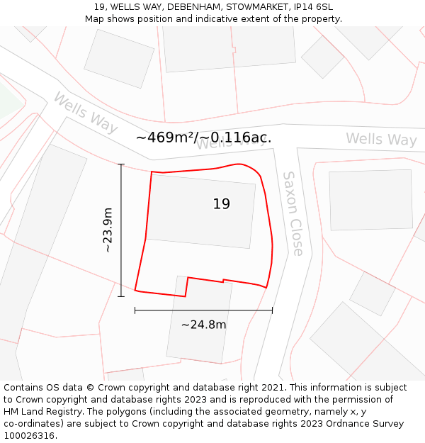 19, WELLS WAY, DEBENHAM, STOWMARKET, IP14 6SL: Plot and title map