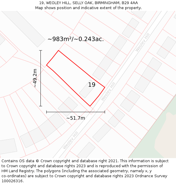 19, WEOLEY HILL, SELLY OAK, BIRMINGHAM, B29 4AA: Plot and title map