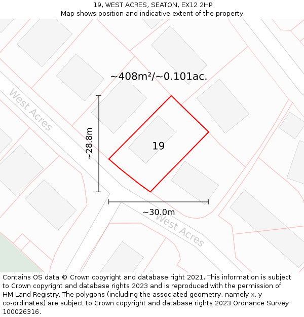 19, WEST ACRES, SEATON, EX12 2HP: Plot and title map