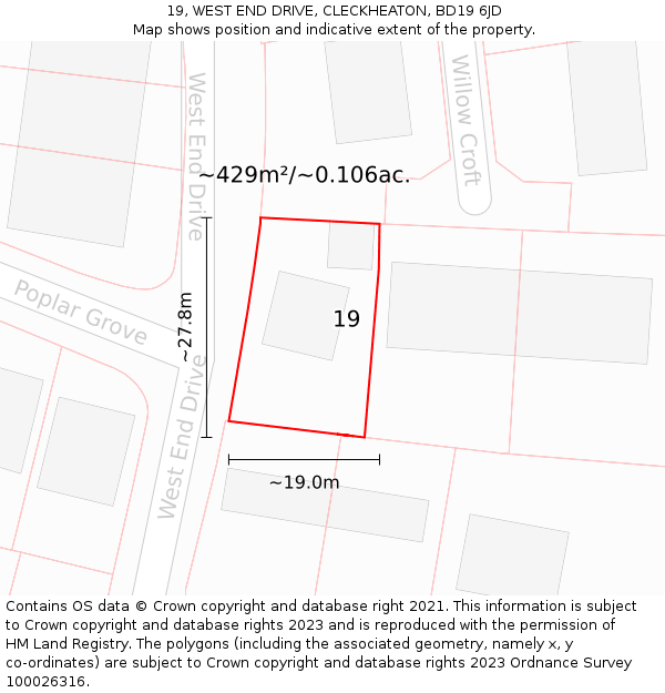 19, WEST END DRIVE, CLECKHEATON, BD19 6JD: Plot and title map