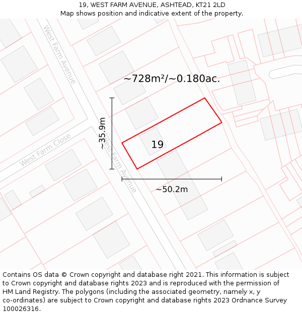 19, WEST FARM AVENUE, ASHTEAD, KT21 2LD: Plot and title map