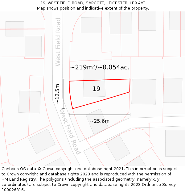19, WEST FIELD ROAD, SAPCOTE, LEICESTER, LE9 4AT: Plot and title map
