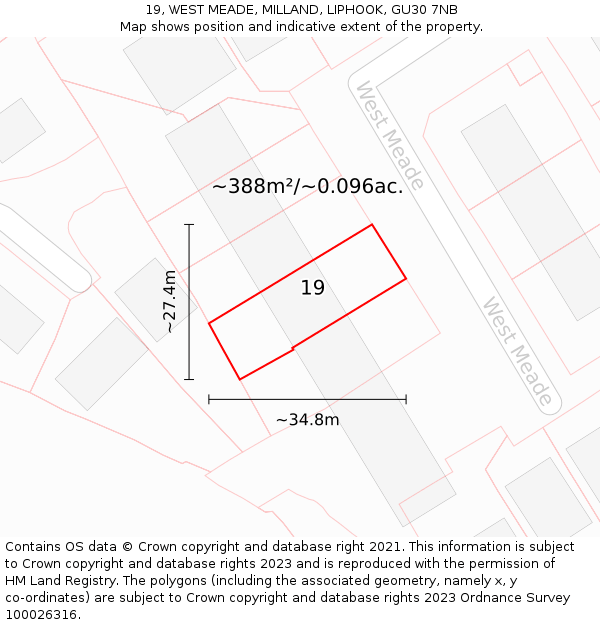 19, WEST MEADE, MILLAND, LIPHOOK, GU30 7NB: Plot and title map