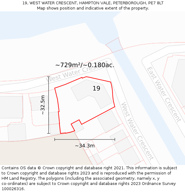 19, WEST WATER CRESCENT, HAMPTON VALE, PETERBOROUGH, PE7 8LT: Plot and title map