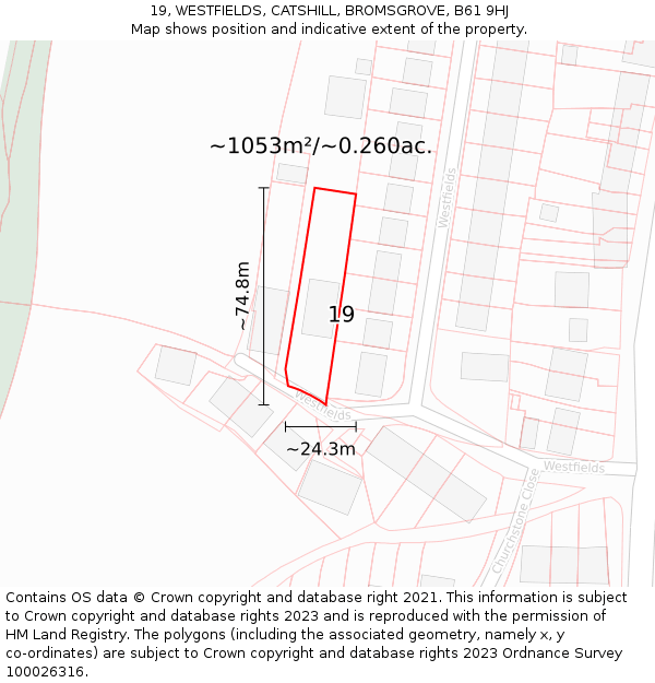19, WESTFIELDS, CATSHILL, BROMSGROVE, B61 9HJ: Plot and title map