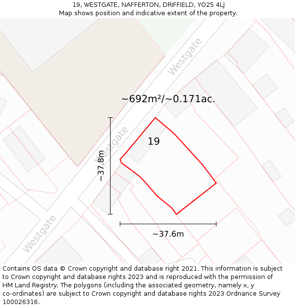 19, WESTGATE, NAFFERTON, DRIFFIELD, YO25 4LJ: Plot and title map