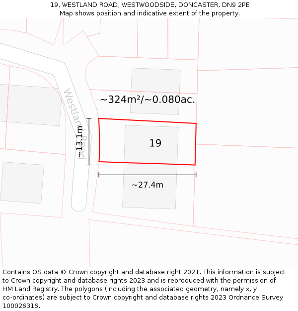 19, WESTLAND ROAD, WESTWOODSIDE, DONCASTER, DN9 2PE: Plot and title map