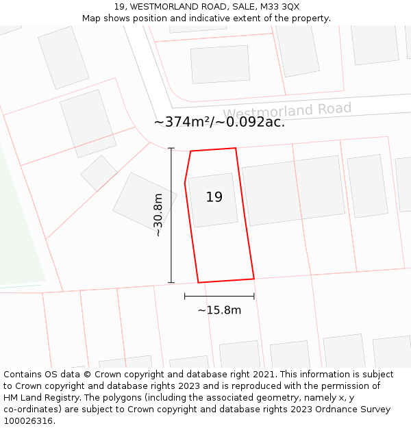19, WESTMORLAND ROAD, SALE, M33 3QX: Plot and title map