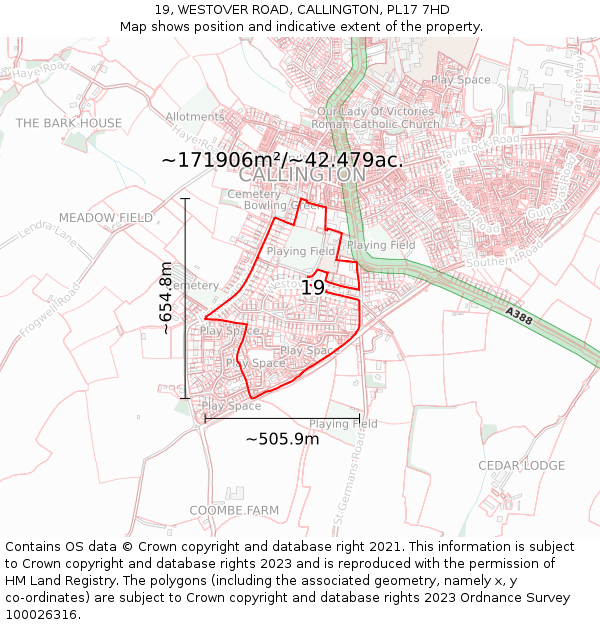 19, WESTOVER ROAD, CALLINGTON, PL17 7HD: Plot and title map