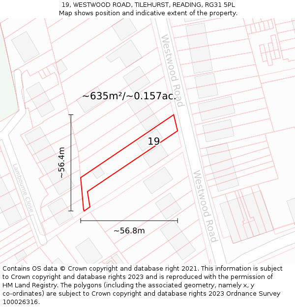 19, WESTWOOD ROAD, TILEHURST, READING, RG31 5PL: Plot and title map