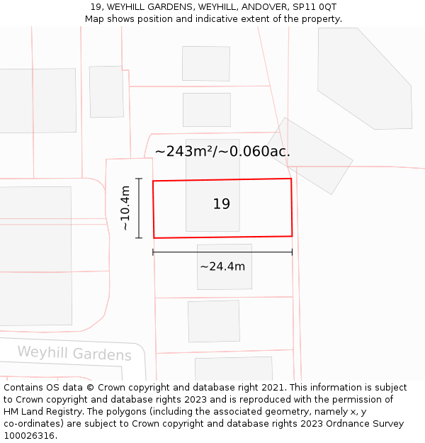 19, WEYHILL GARDENS, WEYHILL, ANDOVER, SP11 0QT: Plot and title map