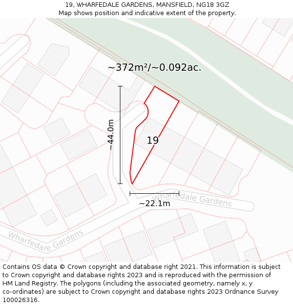 19, WHARFEDALE GARDENS, MANSFIELD, NG18 3GZ: Plot and title map