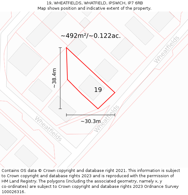 19, WHEATFIELDS, WHATFIELD, IPSWICH, IP7 6RB: Plot and title map