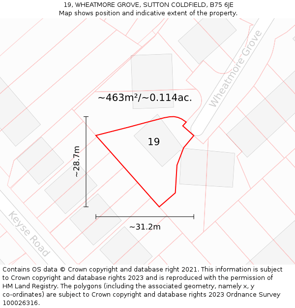 19, WHEATMORE GROVE, SUTTON COLDFIELD, B75 6JE: Plot and title map