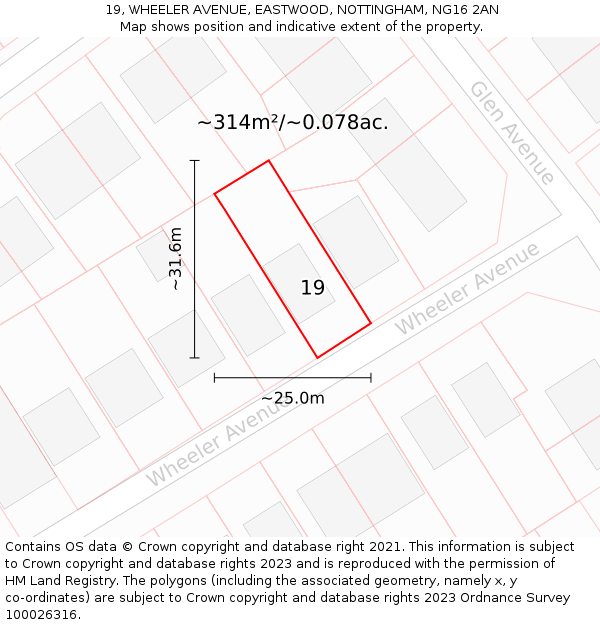 19, WHEELER AVENUE, EASTWOOD, NOTTINGHAM, NG16 2AN: Plot and title map
