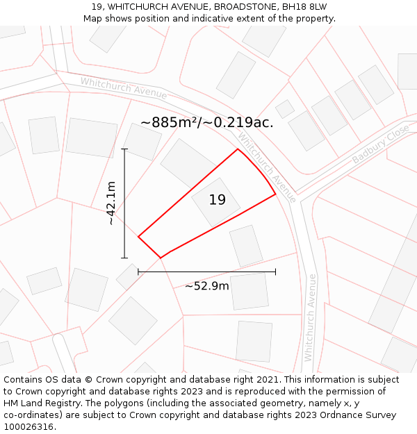19, WHITCHURCH AVENUE, BROADSTONE, BH18 8LW: Plot and title map