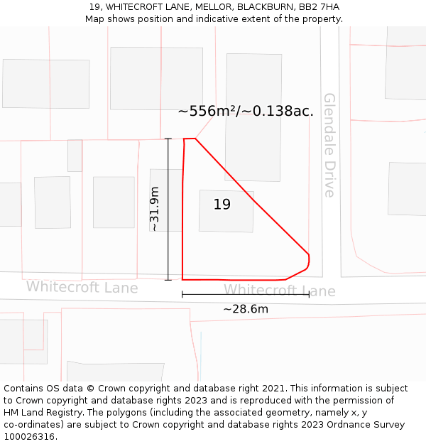 19, WHITECROFT LANE, MELLOR, BLACKBURN, BB2 7HA: Plot and title map