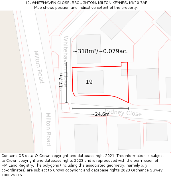 19, WHITEHAVEN CLOSE, BROUGHTON, MILTON KEYNES, MK10 7AF: Plot and title map
