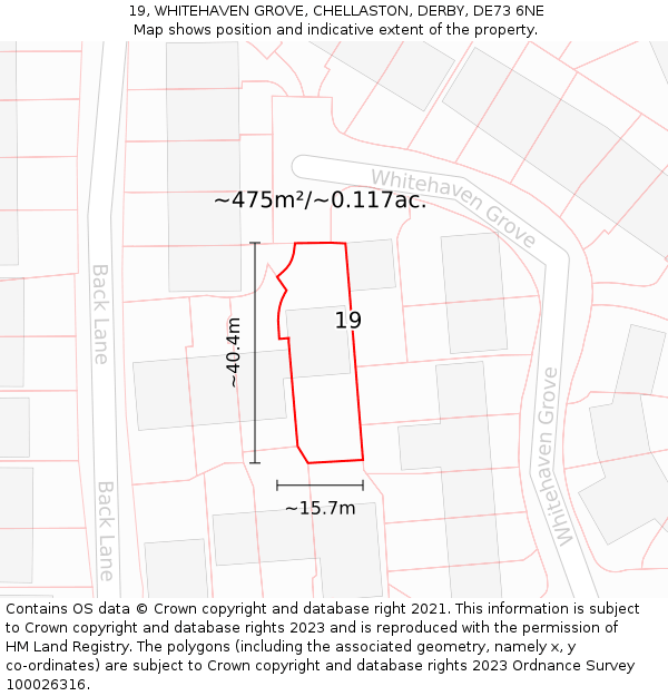 19, WHITEHAVEN GROVE, CHELLASTON, DERBY, DE73 6NE: Plot and title map