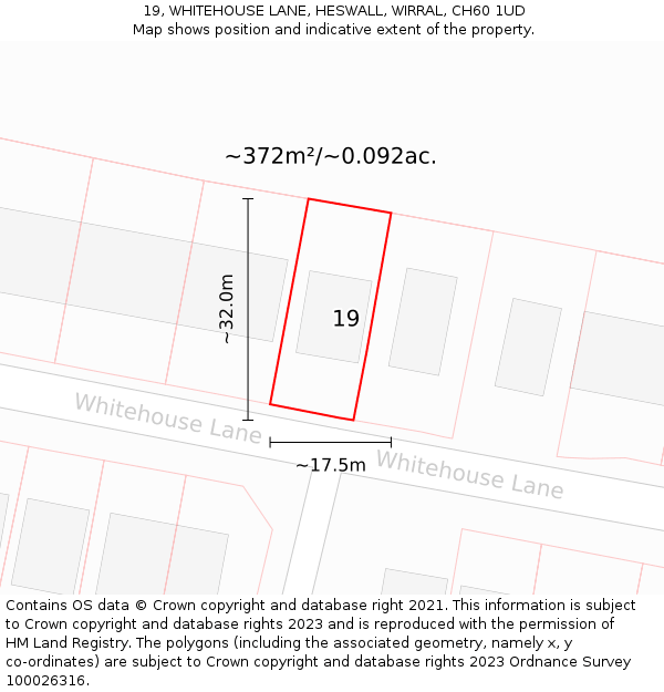 19, WHITEHOUSE LANE, HESWALL, WIRRAL, CH60 1UD: Plot and title map