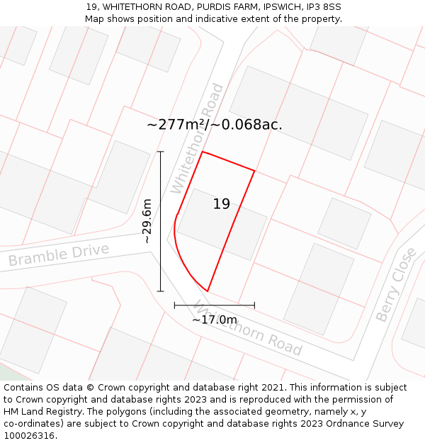 19, WHITETHORN ROAD, PURDIS FARM, IPSWICH, IP3 8SS: Plot and title map